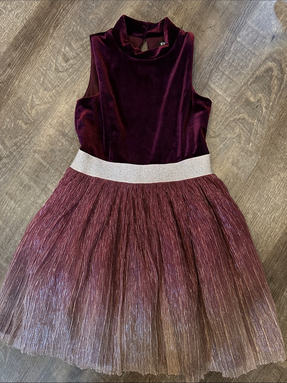 Zunie Velvet Bodice & Shimmer Ombré Tulle Dress in Burgundy and Rose Gold